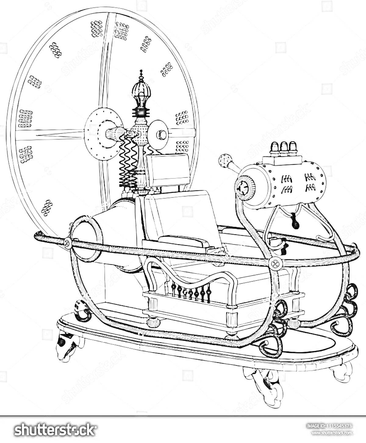Раскраска Машина времени с большим колесом, креслом и сложными механизмами