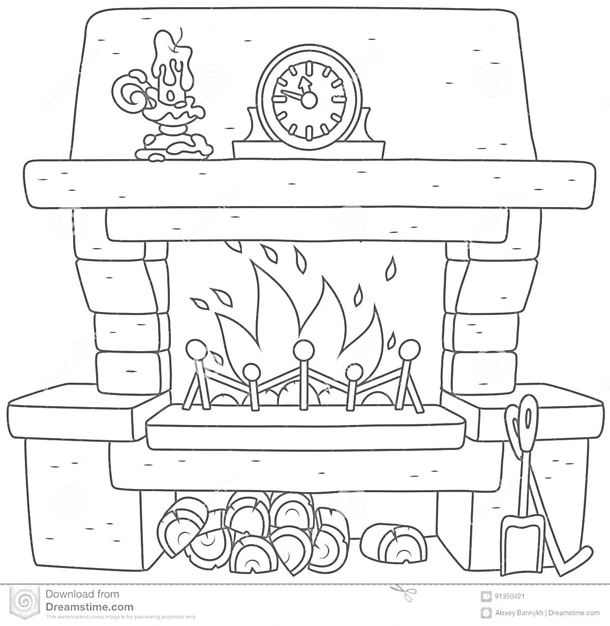 На раскраске изображено: Печка, Дрова, Огонь, Часы, Канделябр, Уют