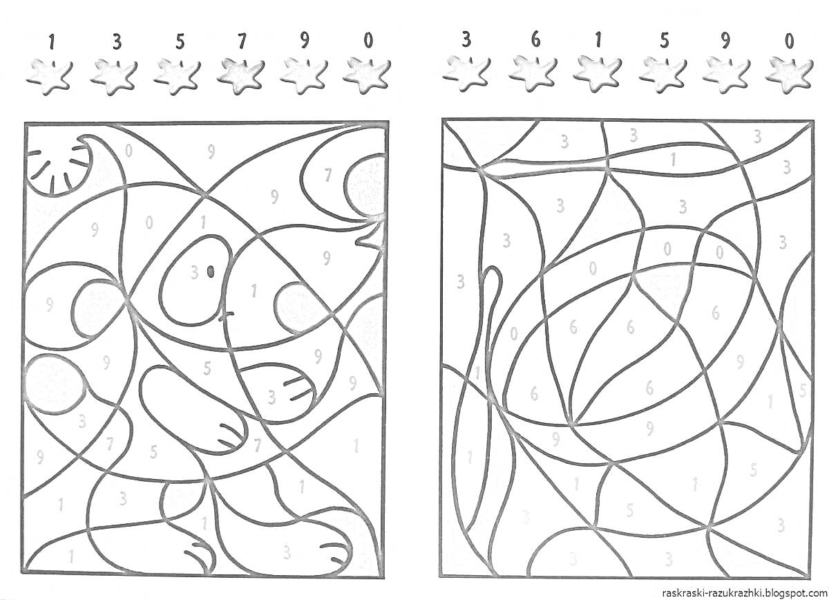 Раскраска раскраска по номерам с изображением звёздочек, цветов и форм