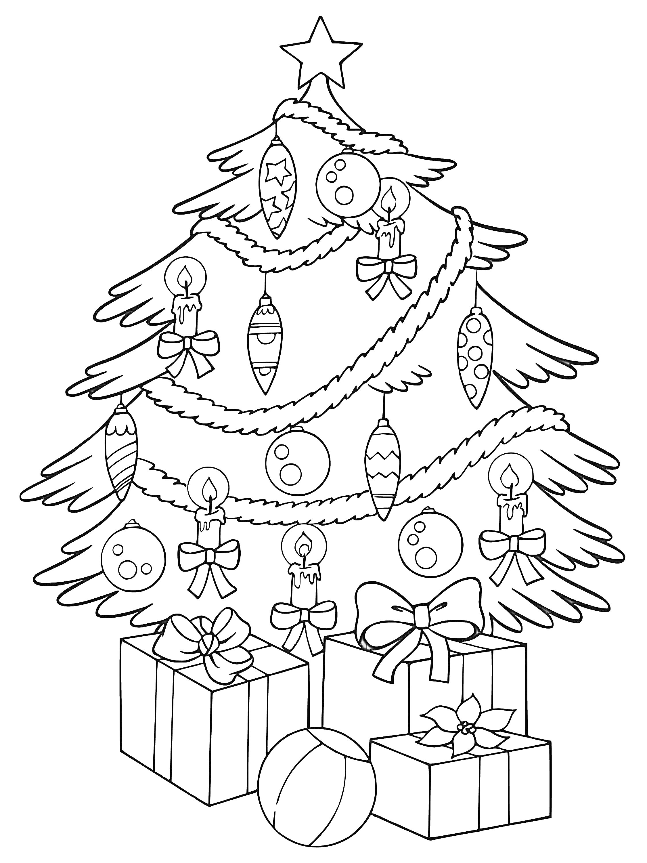 На раскраске изображено: Праздничная елка, Новогодняя елка, Украшения, Шары, Подарки, Праздники, Новый год, Рождество