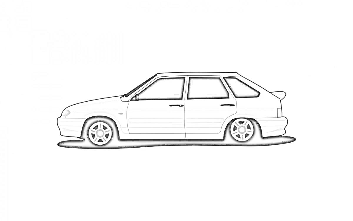 Раскраска Белый ВАЗ 2114, боковой вид, с затемнёнными окнами и спортивными колёсами