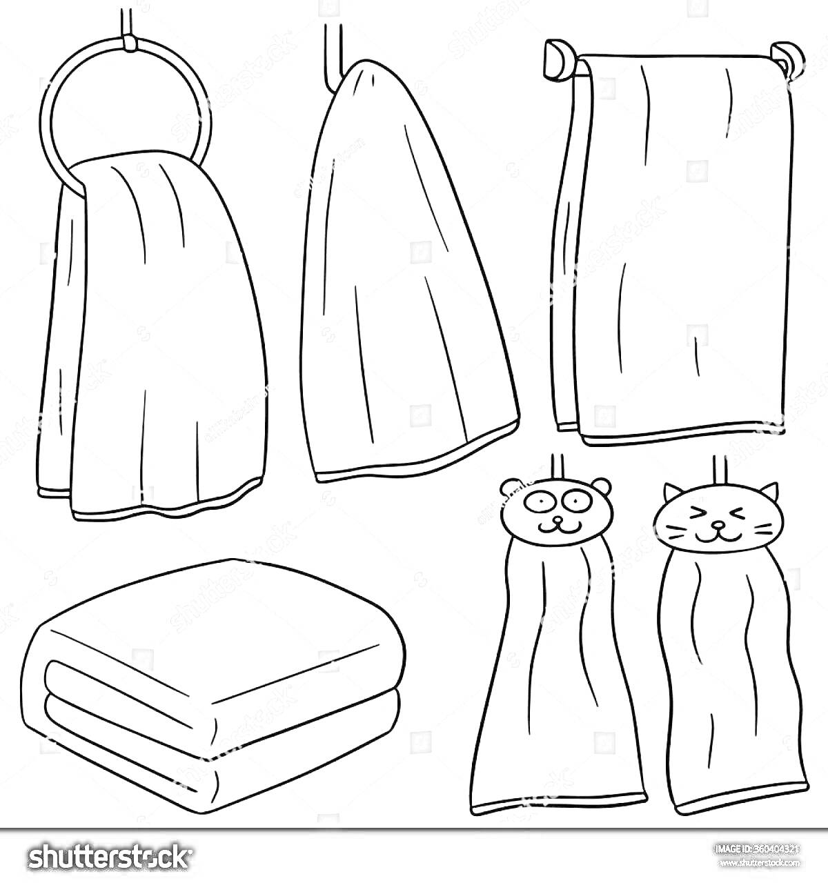 Раскраска Полотенца: полотенце в кольце, полотенце на крючке, полотенце на вешалке, сложенное полотенце, полотенца с медведем и кошкой
