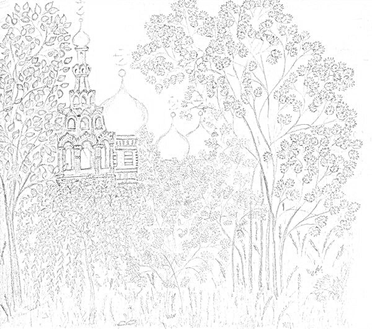 На раскраске изображено: Храм, Церковь, Лес, Деревья, Природа, Православие, Архитектура, Купола