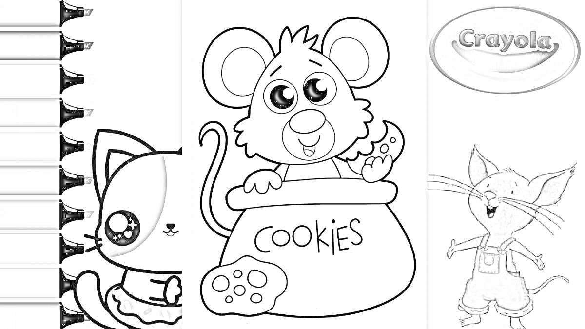 Раскраска Котёнок с пончиком, мышонок с печеньем, улыбающаяся мышь, мелки и логотип Crayola