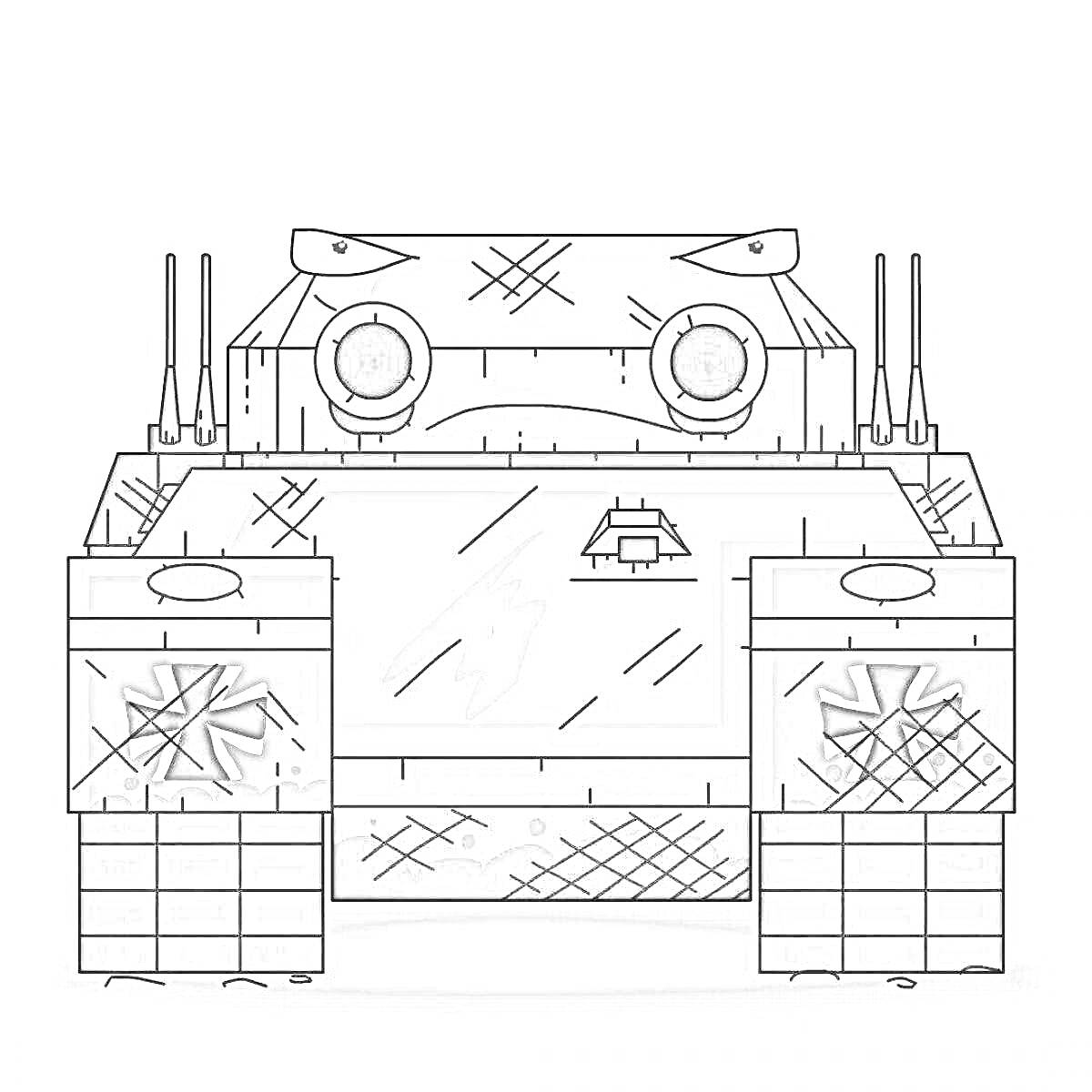 Раскраска Ратте танк с глазами, антеннами, передними фарами и бронированными элементами
