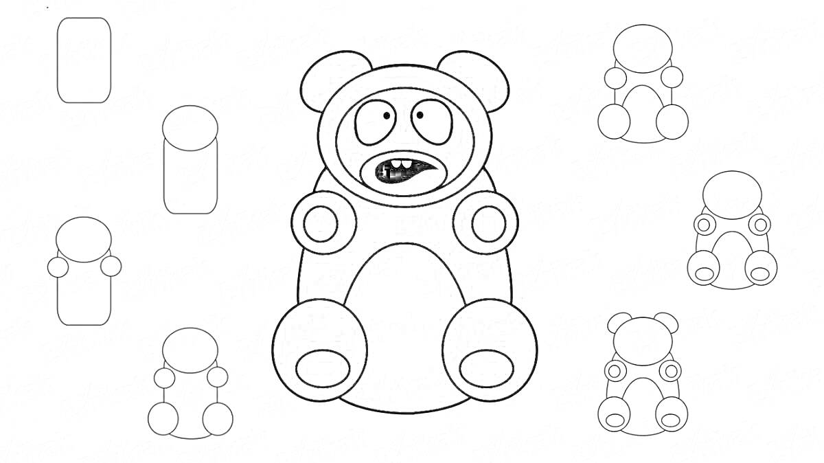 РаскраскаВалера медведь с кругами, прямоугольниками и цилиндрами вокруг