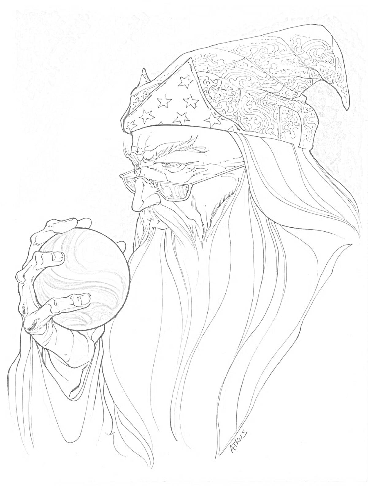 Раскраска Пожилой мужчина в волшебной шляпе, держащий магический шар