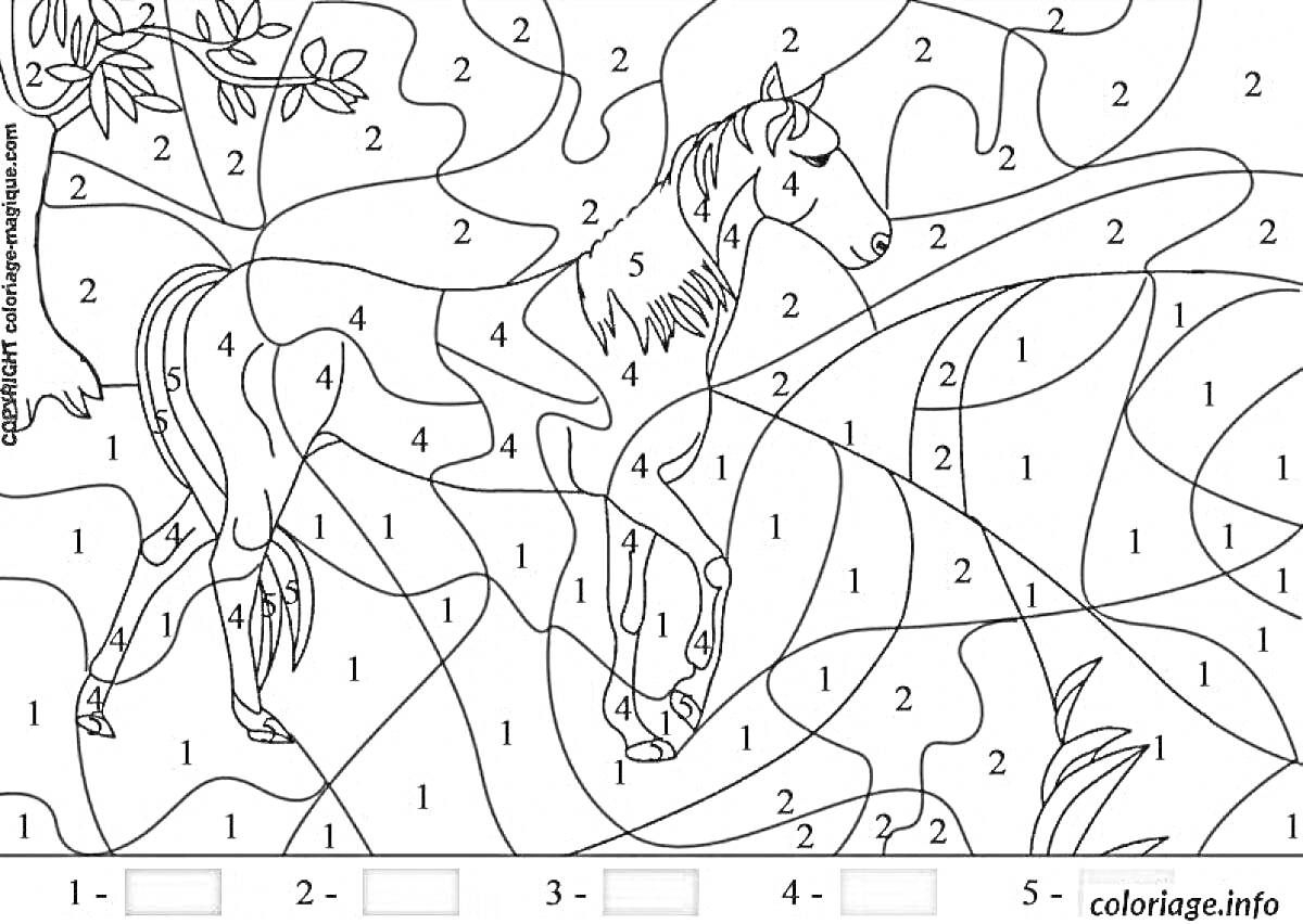 Раскраска Единорог на фоне природы по номерам, включающий деревья, листья и траву