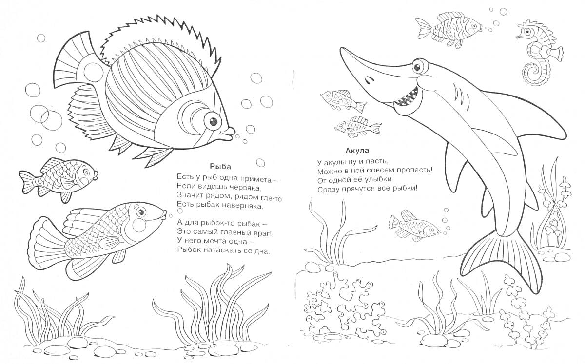 Раскраска Рыбы и акула с растениями и маленькими рыбками, морским коньком