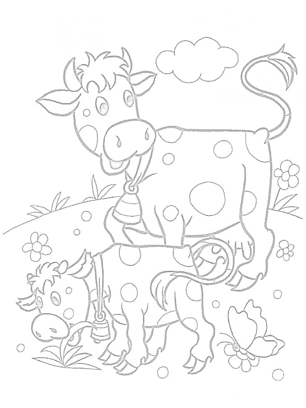 Раскраска Корова и теленок на лугу с цветами и бабочкой под облаком