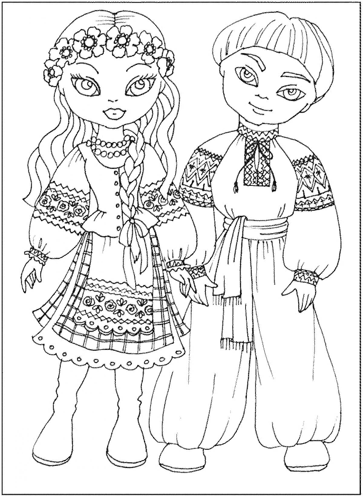 Девочка и мальчик в русских народных костюмах с венком и поясом