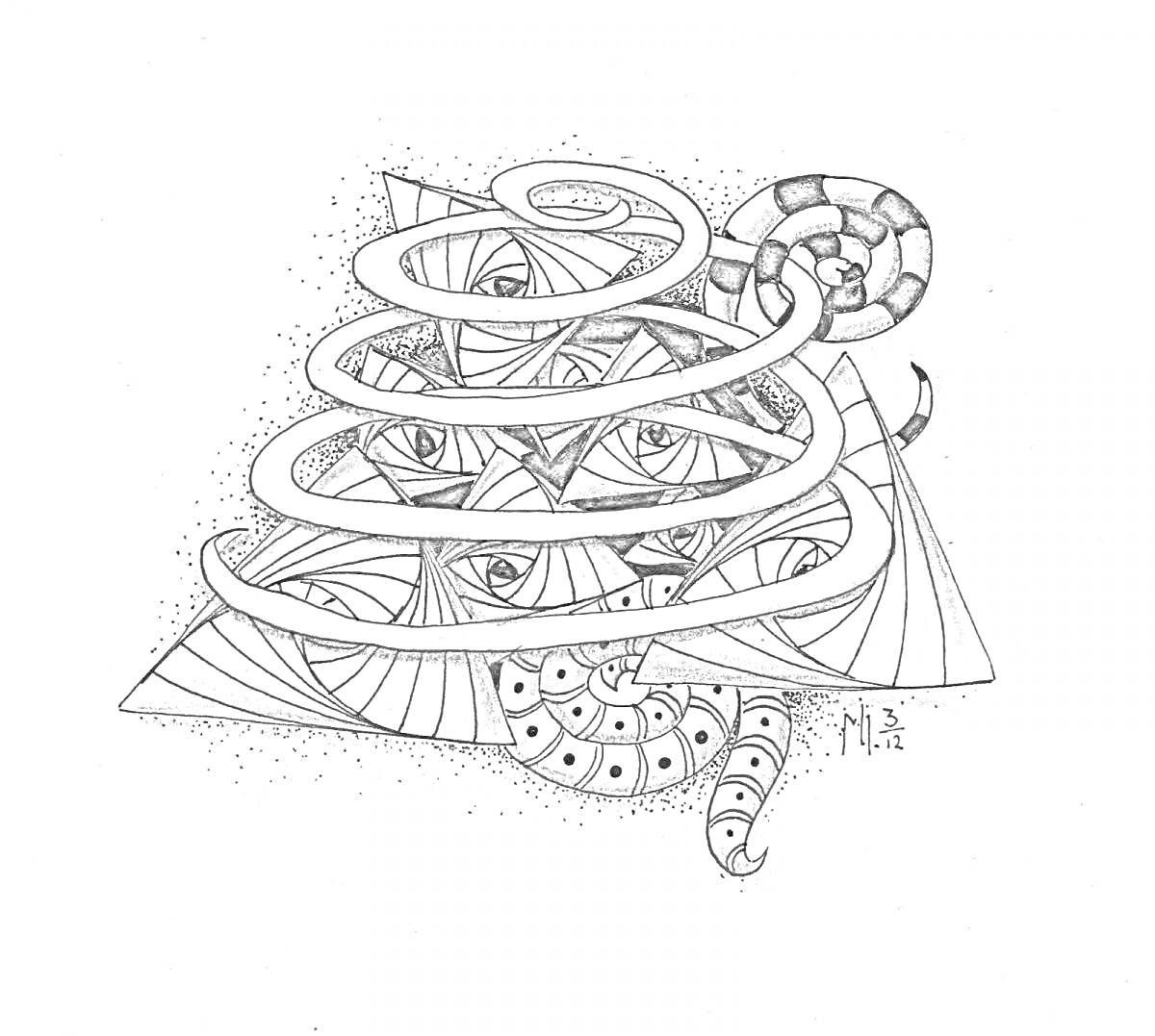 Спираль над пирамидой с элементами глаз, черно-белым узором и геометрическим фоном