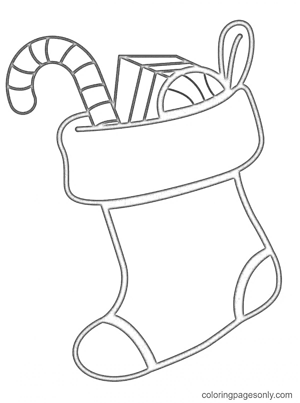 Раскраска Рождественский носок с конфетной тростью, подарком и елочным шаром