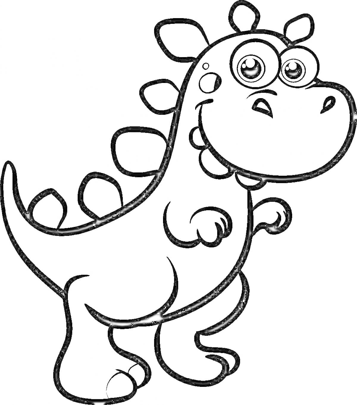 Раскраска Динозаврик с крупной головой и большими глазами, стоящий на задних лапах, с гребнем на спине и мелкими пятнами на теле.