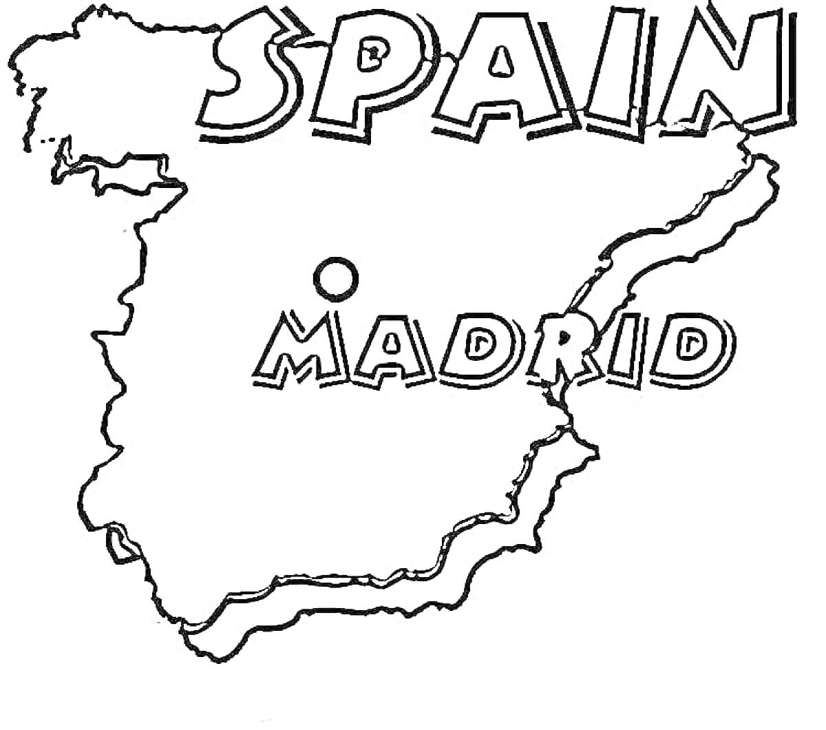 На раскраске изображено: Испания, Карта, География, Европа, Города, Обучение