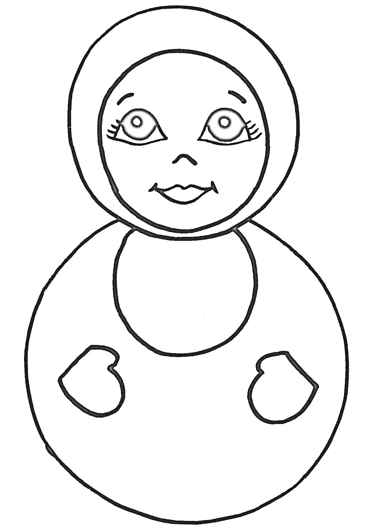 Раскраска Неваляшка с лицом, глазами, носом, ртом и двумя сердцами на туловище