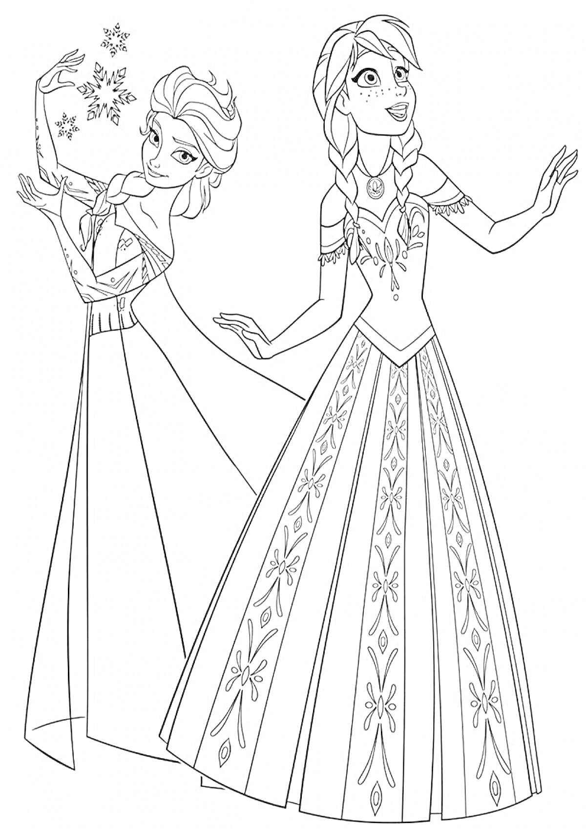 Раскраска Две принцессы из Холодного сердца в длинных платьях, одна из них использует магию снежинок