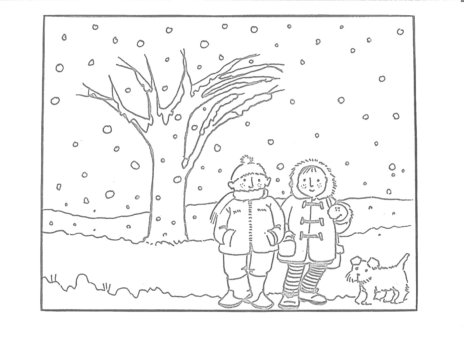 На раскраске изображено: Зима, Снегопад, Зимняя одежда, Собака, Снег, Природа