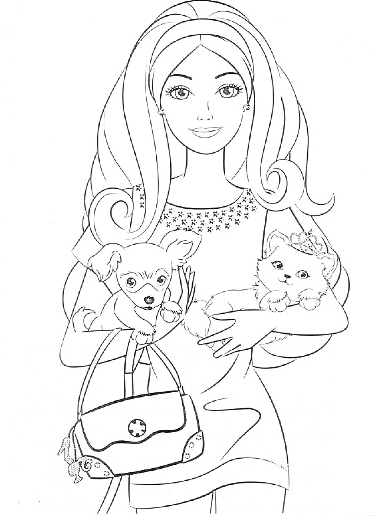 Раскраска Модница с двумя собачками, сумкой со звездочкой и украшением в виде цветка