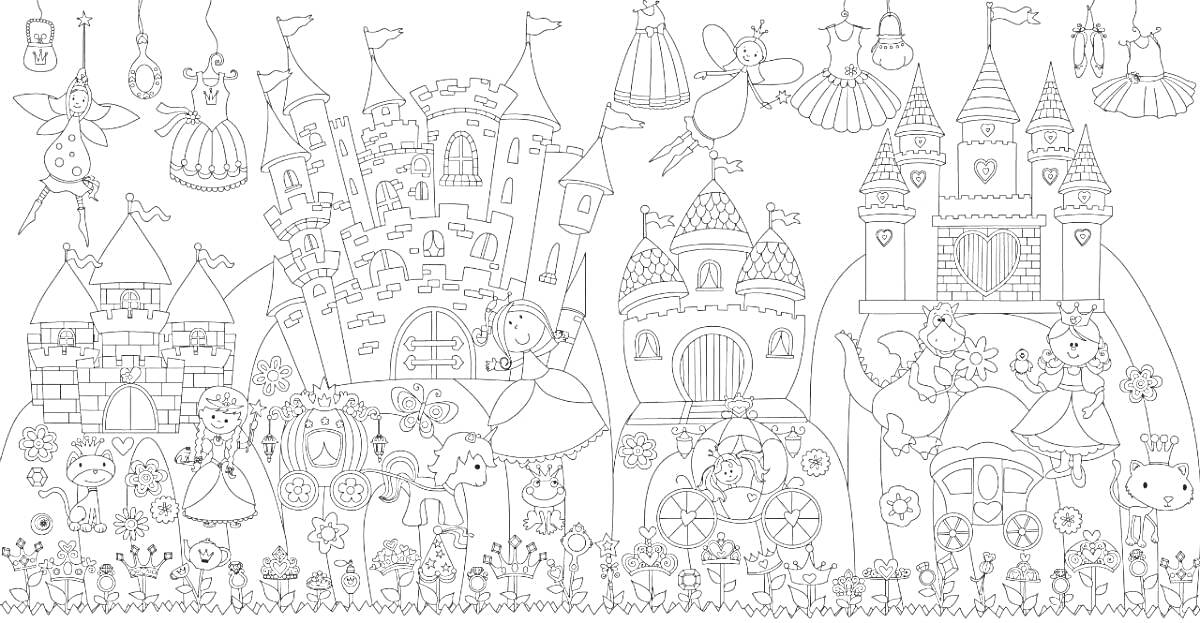 На раскраске изображено: Замок, Фея, Принцесса, Цветы, Дракон, Карета, Фонарики, Животные, Бабочка