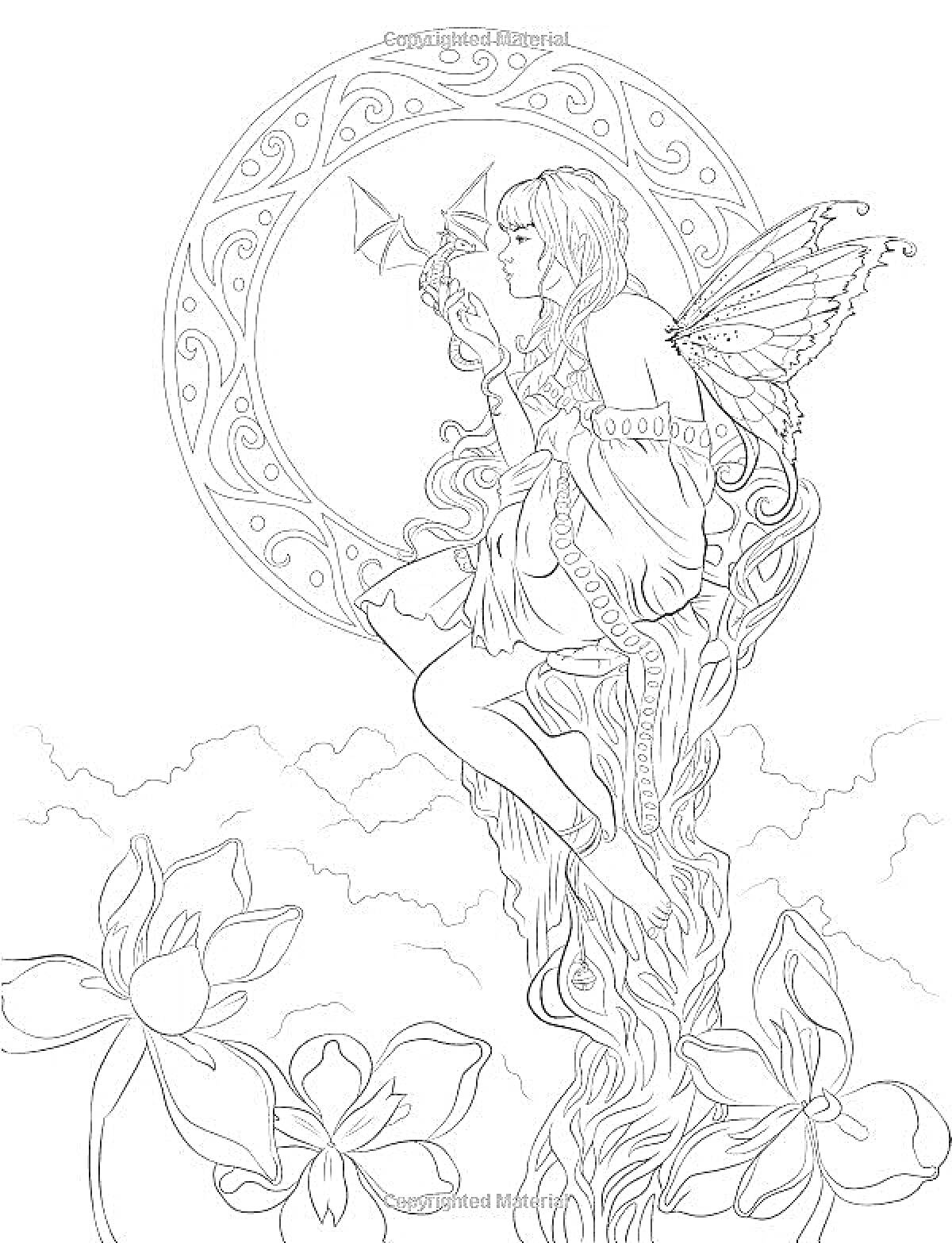 Раскраска Фея с крыльями, сидящая на стебле цветка, с бабочками и орнаментом круга на заднем плане
