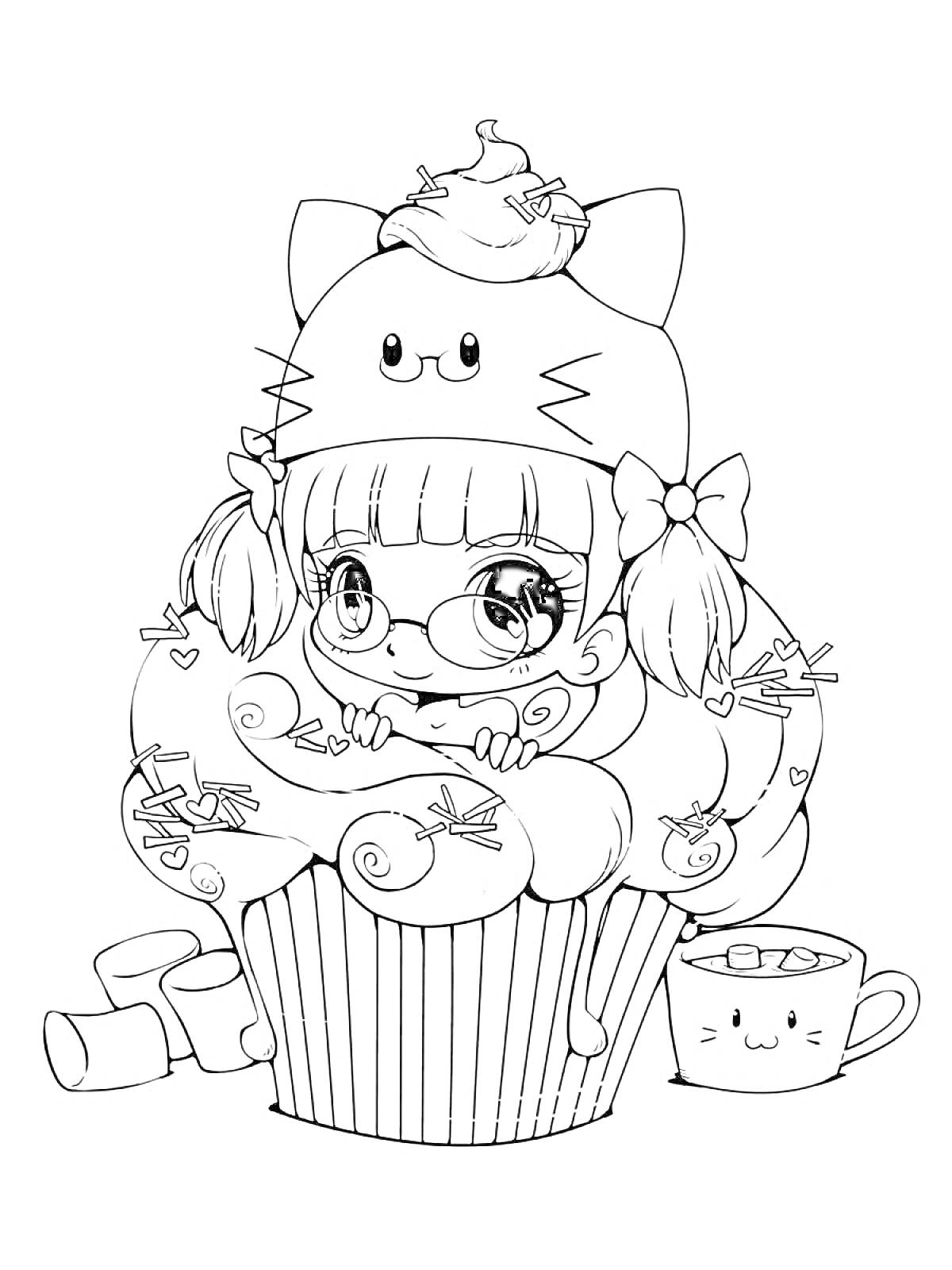 Раскраска Девочка в шапке-котике с капкейком и кружкой с какао