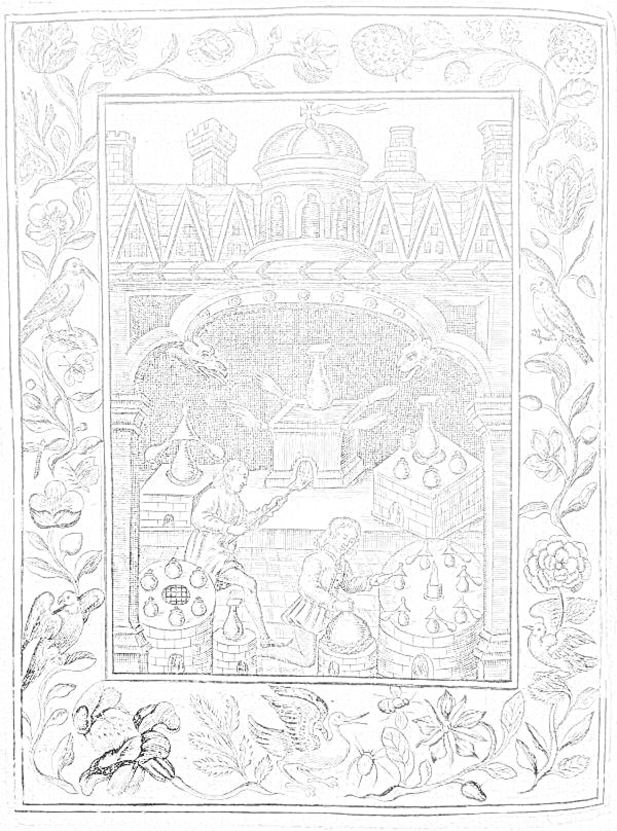 Кабинет алхимика в средневековом замке с изображением сокровищ, реторты и алхимических инструментов, окружённый рамкой с узором из цветов, птиц и листьев.