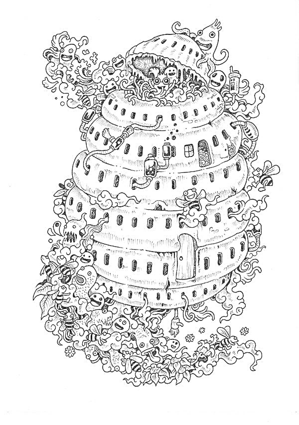 Раскраска Круглая многоэтажная башня с множеством маленьких окон и дверей, окруженная потоком дудлов разнообразных форм и выражений, включая маленькие лица, фантастических существ и завитки