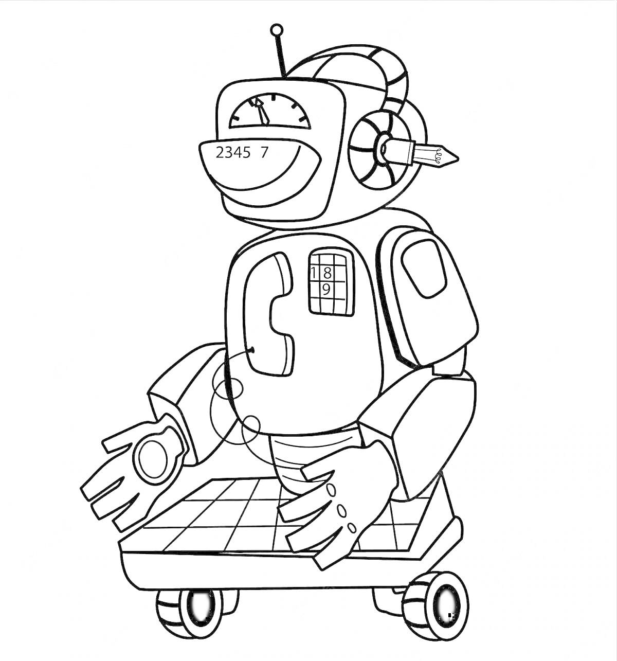 Раскраска раскраска по номерам с роботом, робот с монитором, антенна, иконка планеты, карандаш за ухом, колесики
