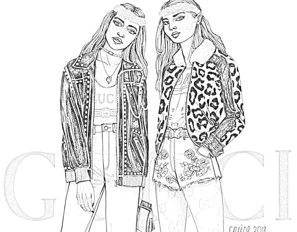Раскраска Две девушки в одежде Gucci: одна в кожаной куртке с заклепками и футболке Gucci, другая в леопардовой куртке, футболке и коротких шортах с узорами, на заднем плане логотип Gucci