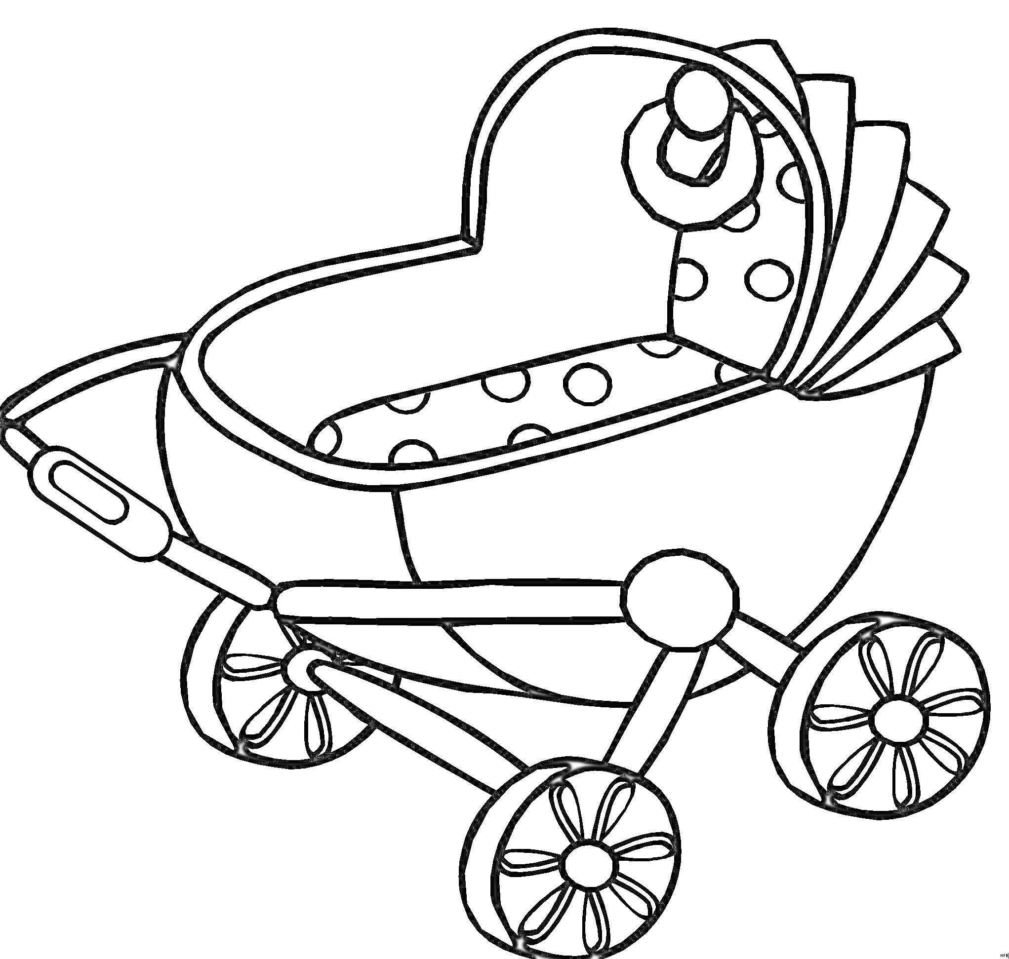 Раскраска Детская коляска с полусферическим верхом, ручкой, четырьмя колёсами и игрушкой внутри