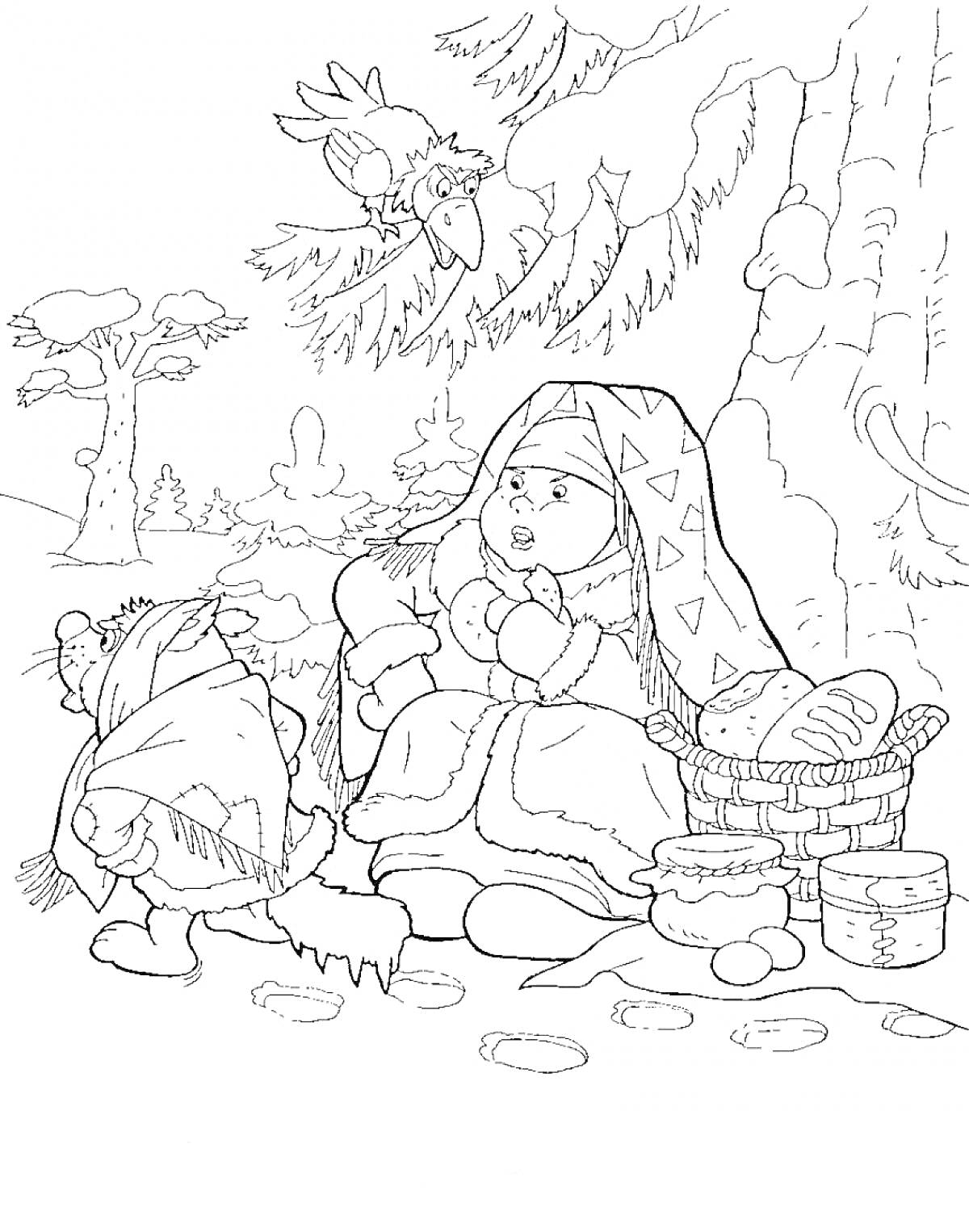 Раскраска Девушка в зимней одежде под деревом с корзиной, ребёнок с шарфом, птица на ветке и зимний лес на заднем плане