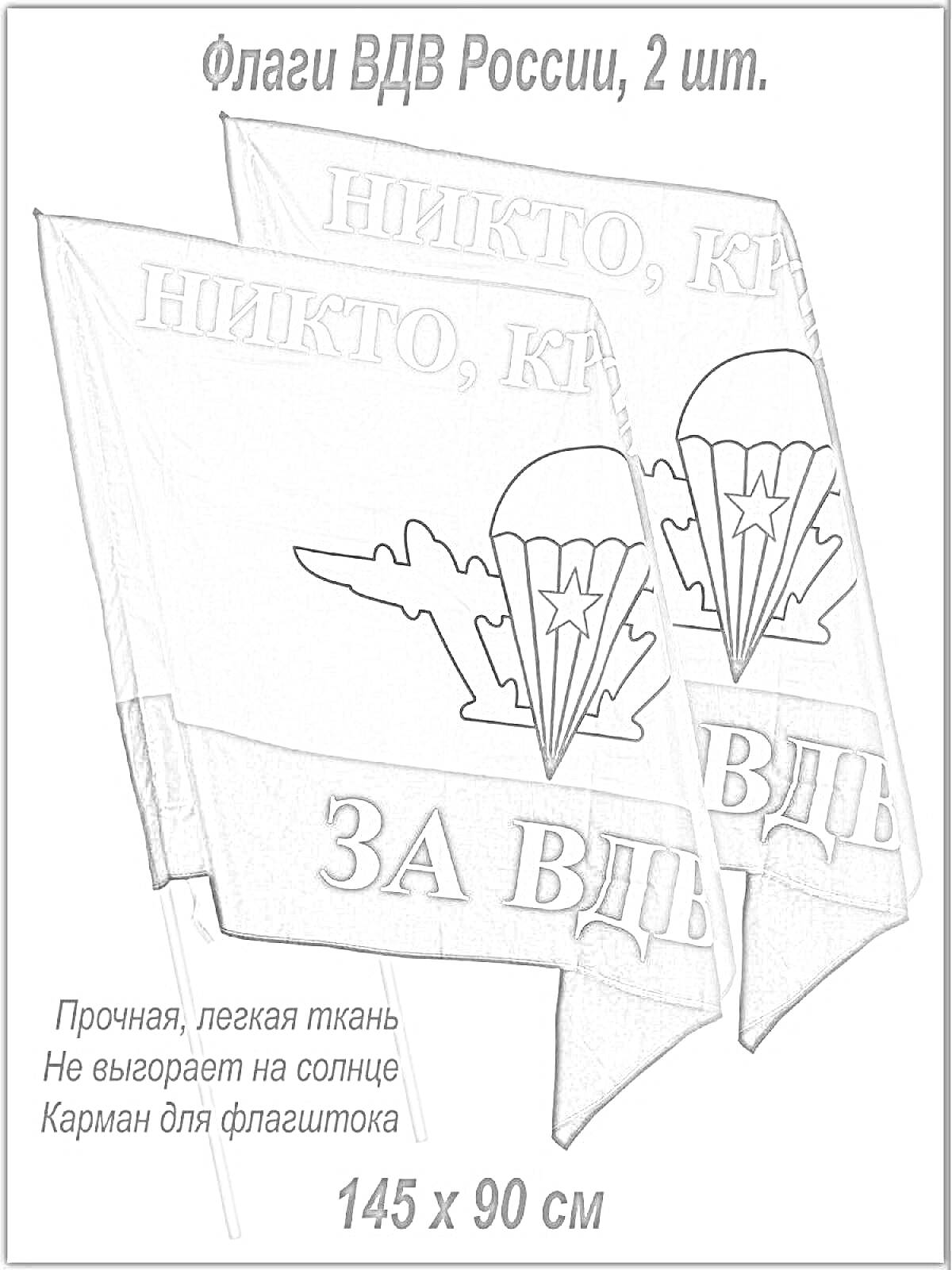Раскраска Флаг ВДВ России с парашютом и самолетами, текст 