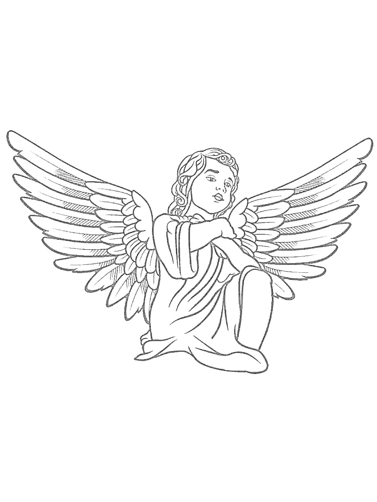 На раскраске изображено: Ангел, Крылья, Ребёнок, Колени, Волосы, Спокойствие