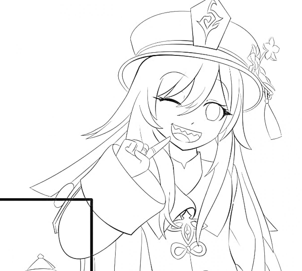 Раскраска Девушка в шляпе с длинными волосами, показывающая язык и подмигивающая