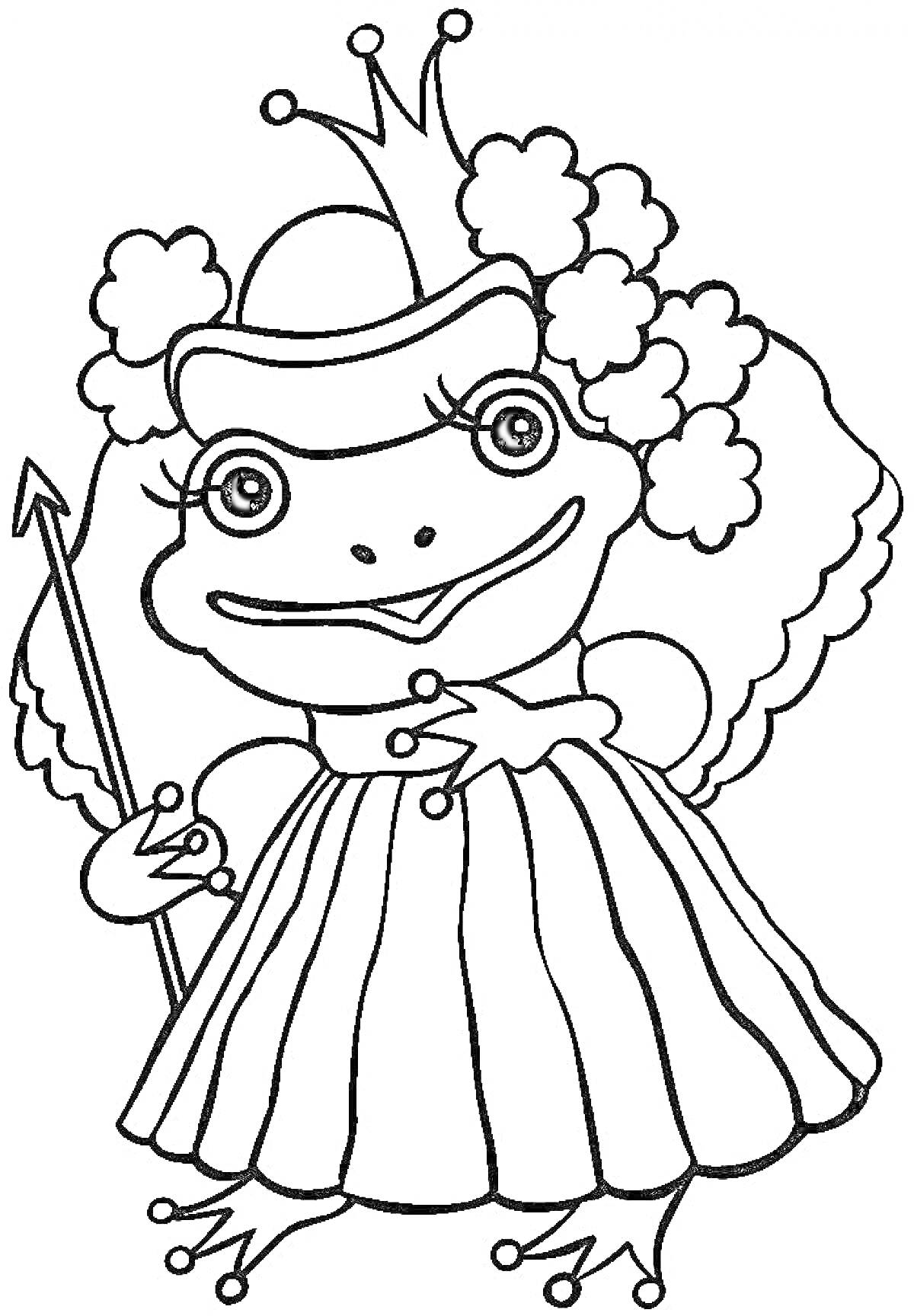 Раскраска Лягушка-принцесса в короне и платье, со скипетром и цветочной короной на голове