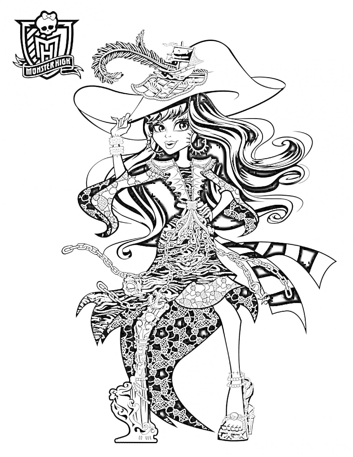 Раскраска Девушка в пиратском костюме с большой шляпой, шнурованным платьем и ботильонами, с шевелюрой, обрамленной перьями и лентами