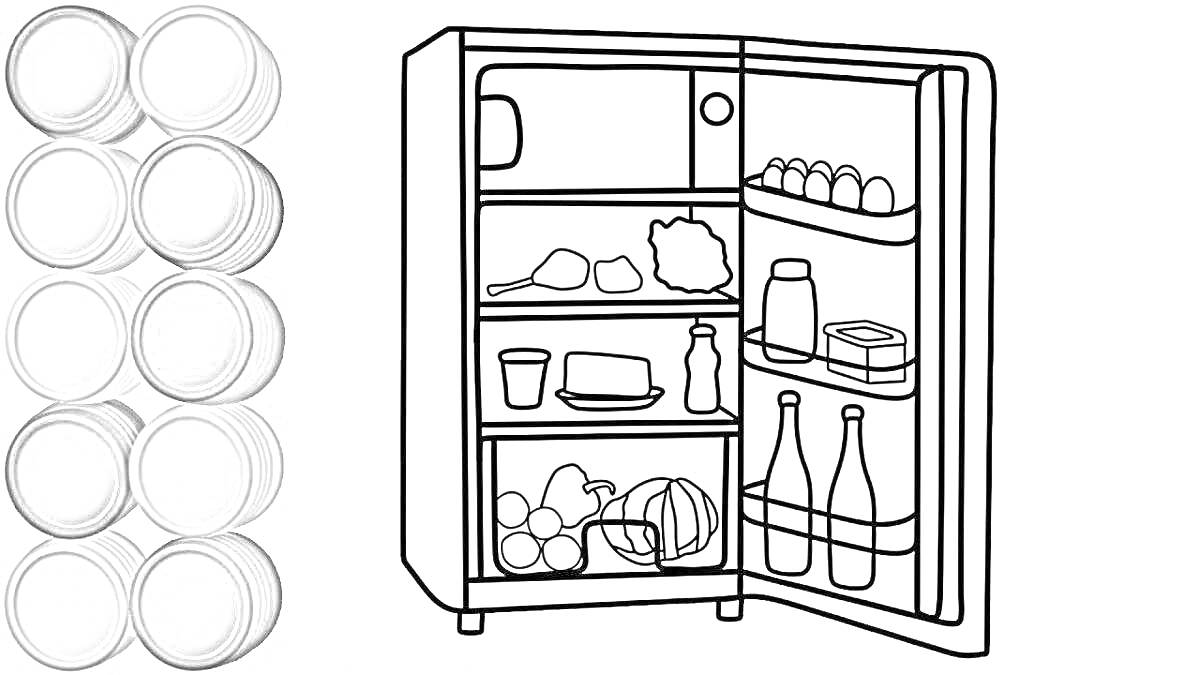 На раскраске изображено: Холодильник, Еда, Продукты, Овощи, Фрукты, Яйца, Молоко, Полки, Напиток, Соус, Дверь