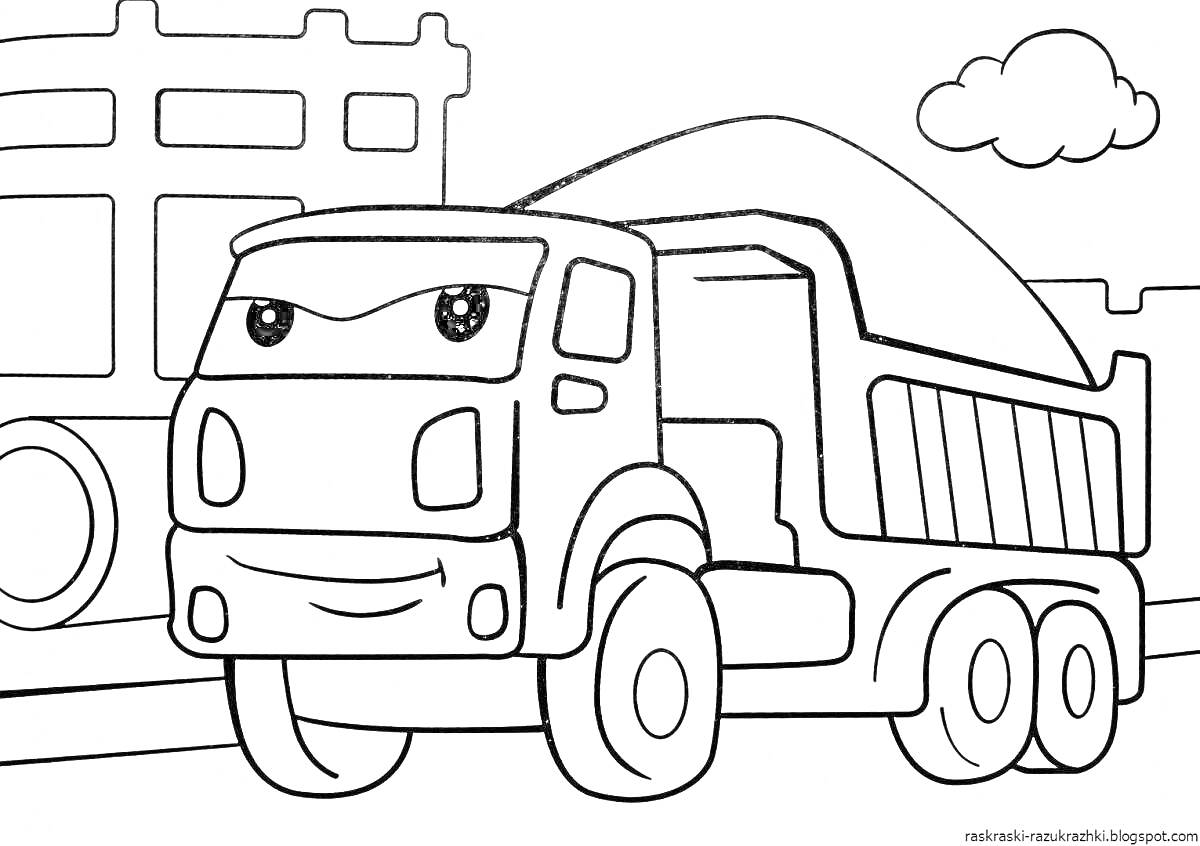 На раскраске изображено: Для мальчиков, 5 лет, Здание, Транспорт, Городская сцена, Облака, Грузовая машина