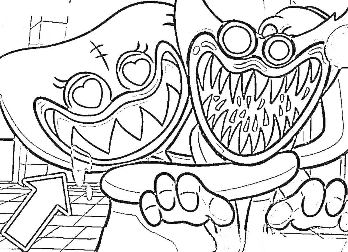 Раскраска Киси Миси с сердечками в глазах и Киси Миси с острыми зубами на фоне комнаты с плиточным полом и стрелкой