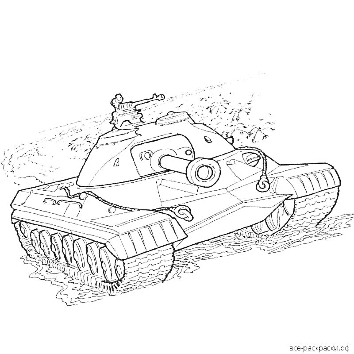 Раскраска Танк ИС-7 с солдатом на верхнем люке на фоне земли с растительностью.