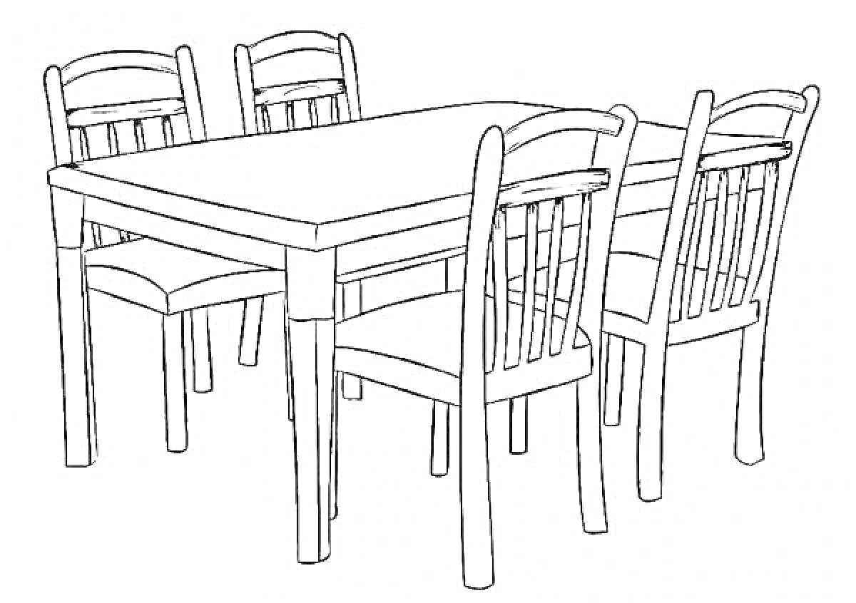 Раскраска Стол со стульями (4 стула вокруг прямоугольного стола)