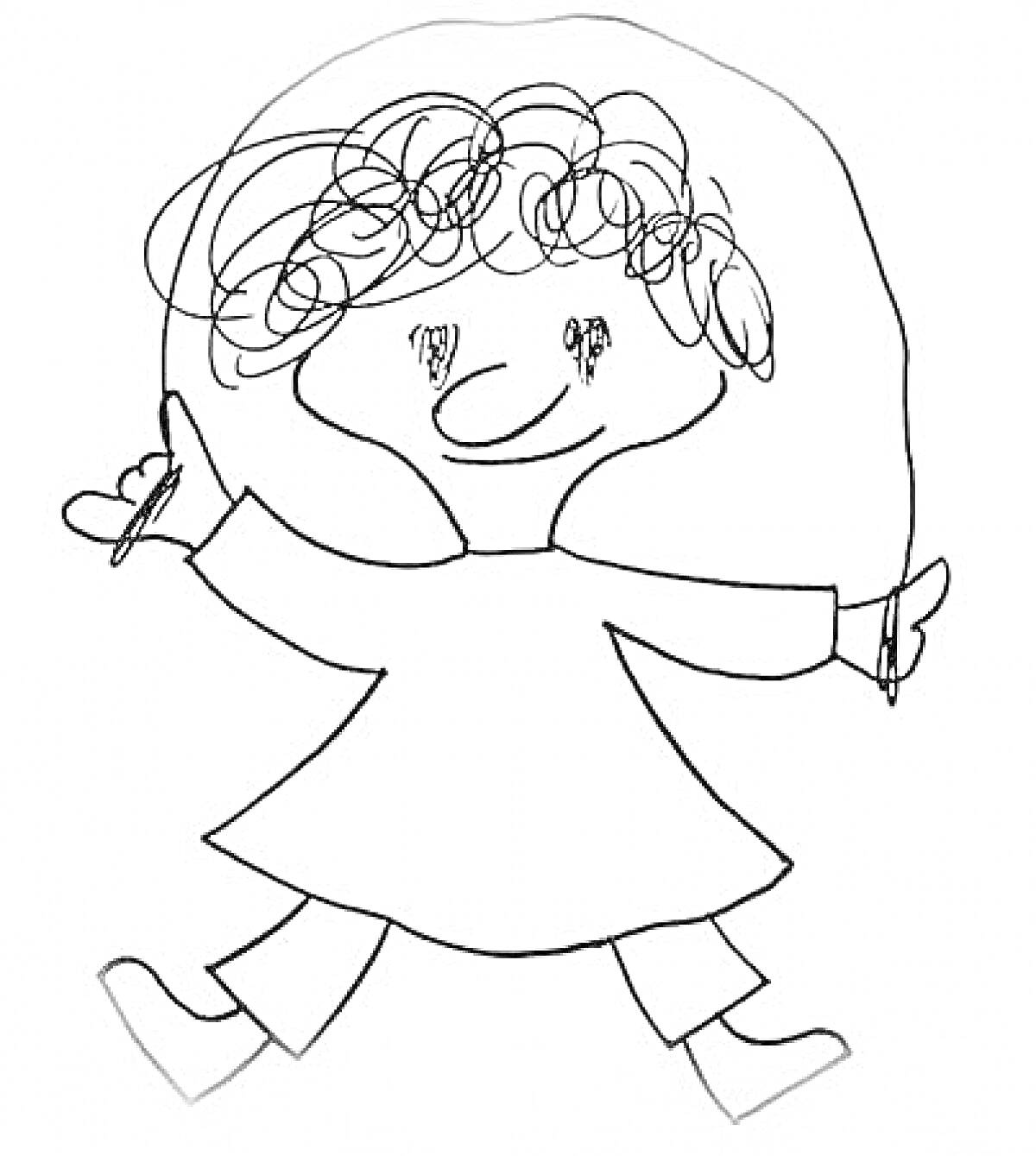 Раскраска персонаж с кудрявыми волосами, платьем и поднятыми руками