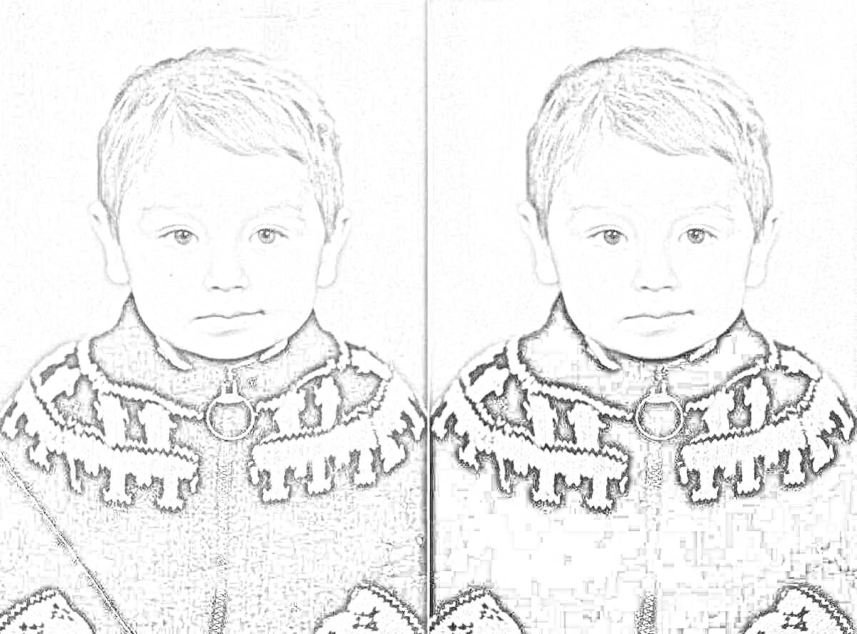 Раскраска Два черно-белых фото ребенка в свитере с рисунком оленей