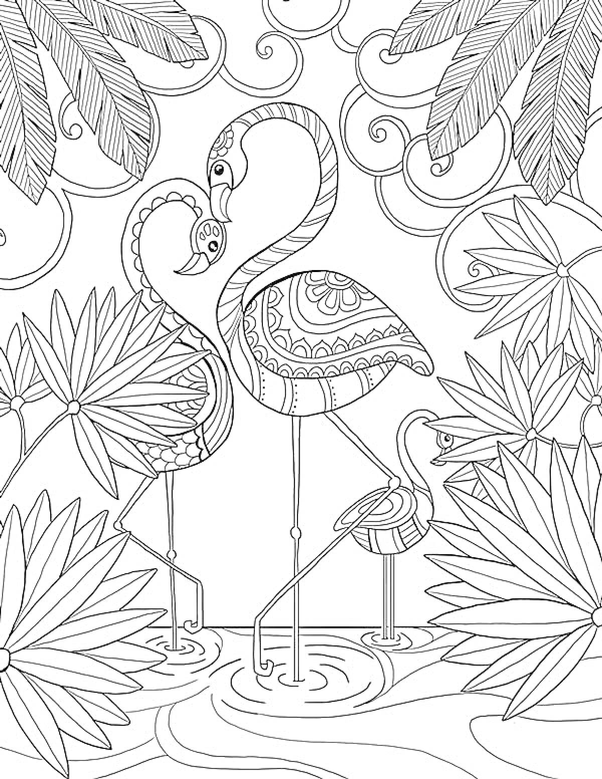Раскраска фламинго антистресс в пруду с лилиями, листьями и декоративными элементами