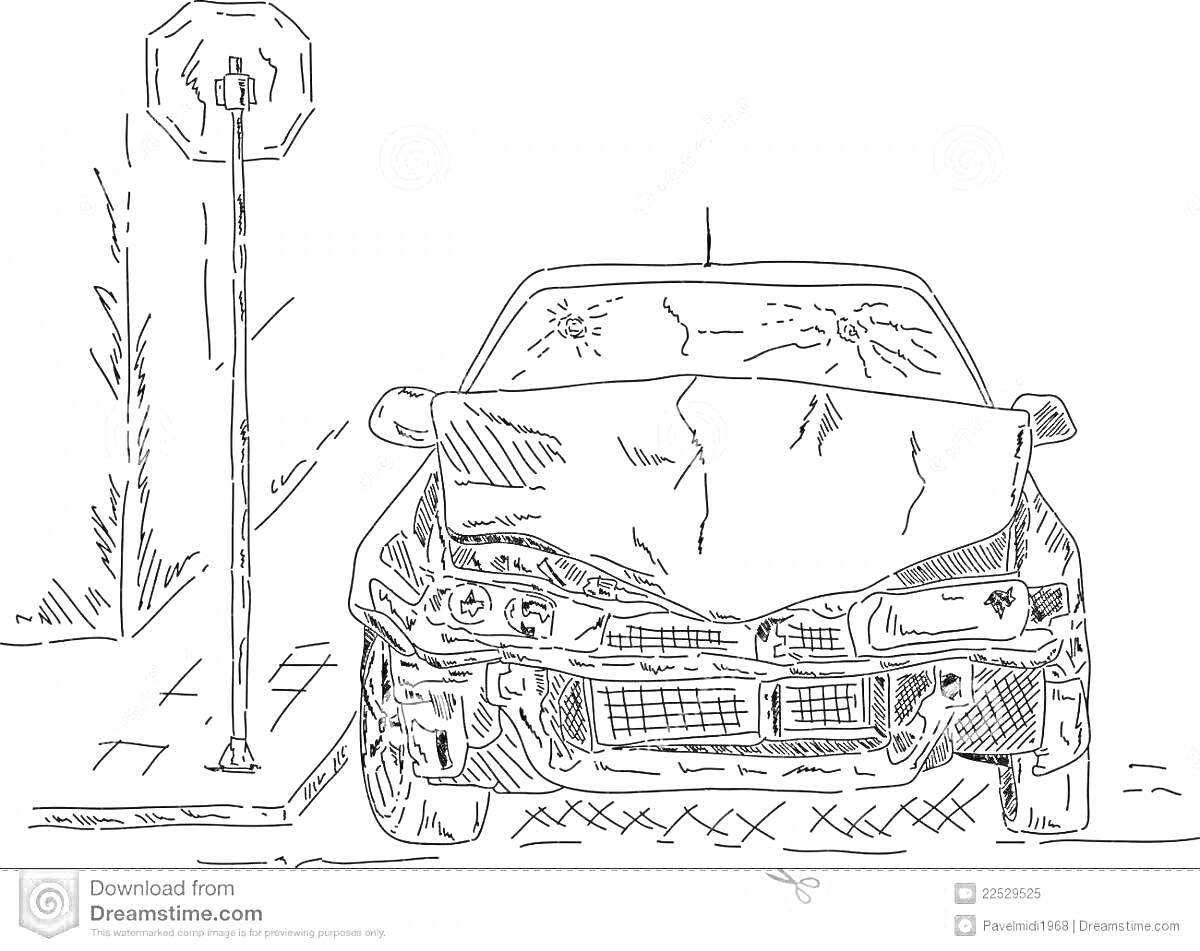Раскраска Поврежденная машина на дороге с дорожным знаком на обочине