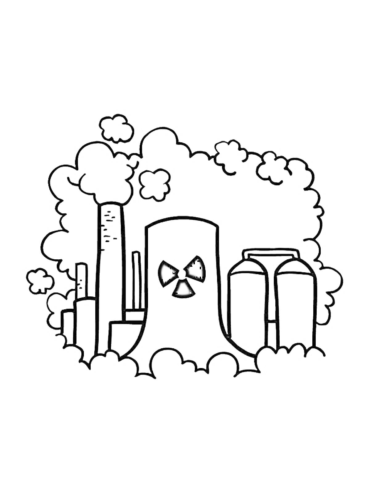 Завод с дымоходами, облаками дыма и символом радиации