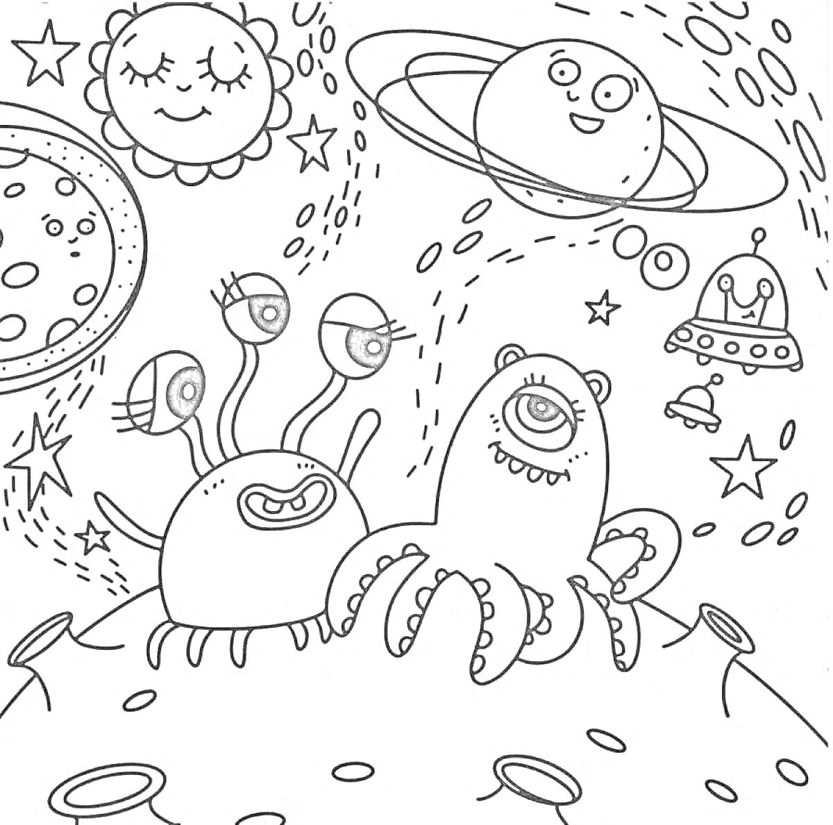 На раскраске изображено: Космос, Планеты, Инопланетяне, Звезды, Космический корабль, Комета