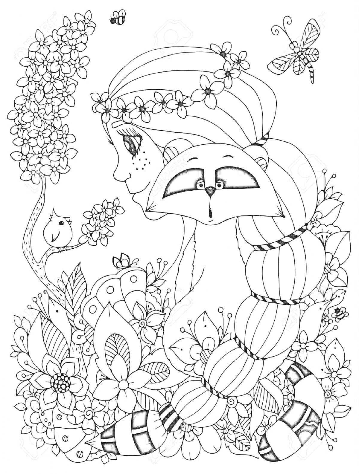 Раскраска Девушка и енот, окруженные цветами и природой