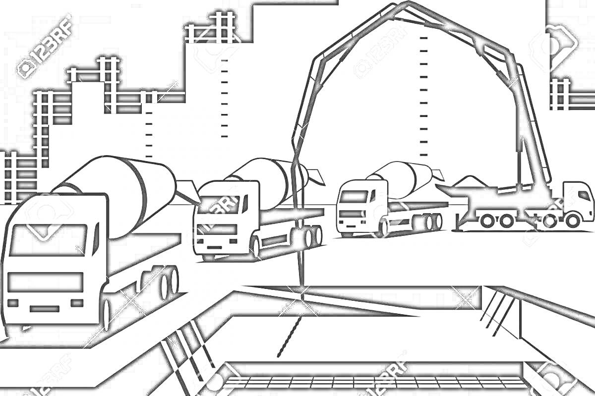 Раскраска Строительная площадка с бетономешалками и бетононасосом
